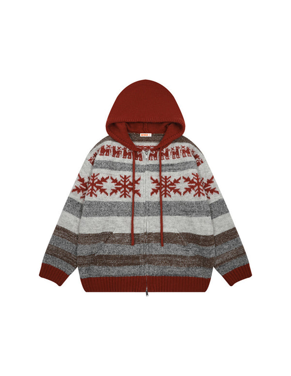 BAKYARDER Vintage Snowflake Jacquard Hooded Cardigan Sweater