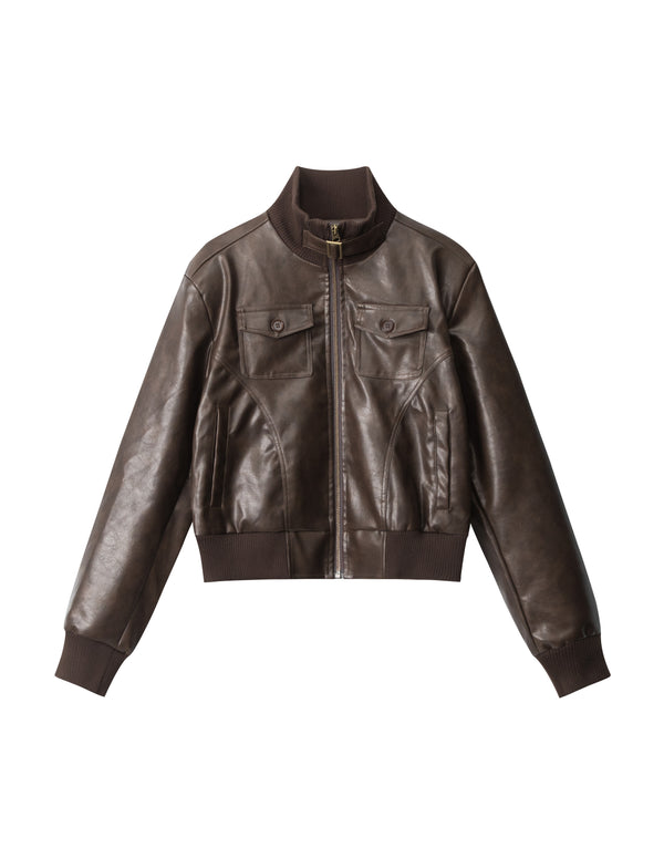 BAKYARDER Vintage Stand Collar Cropped Leather Jacket