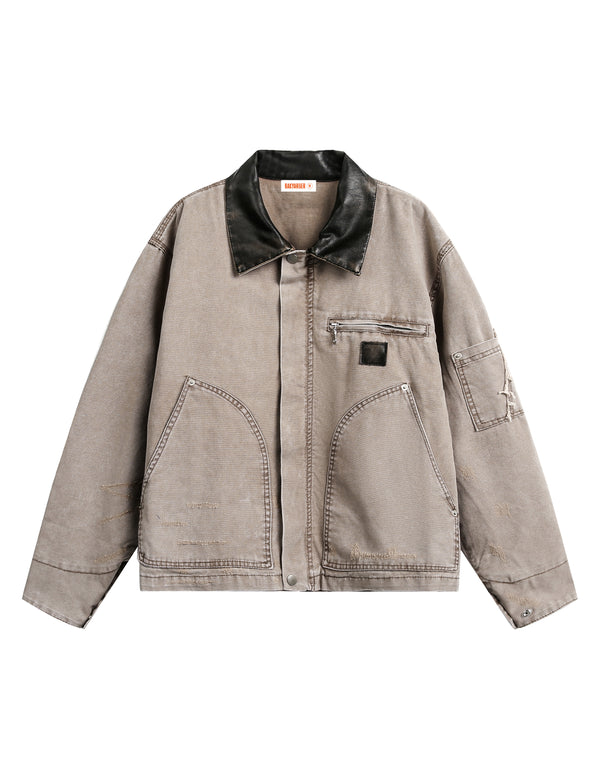 BAKYARDER Vintage Washed PU Leather Jacket with Turn-Down Collar