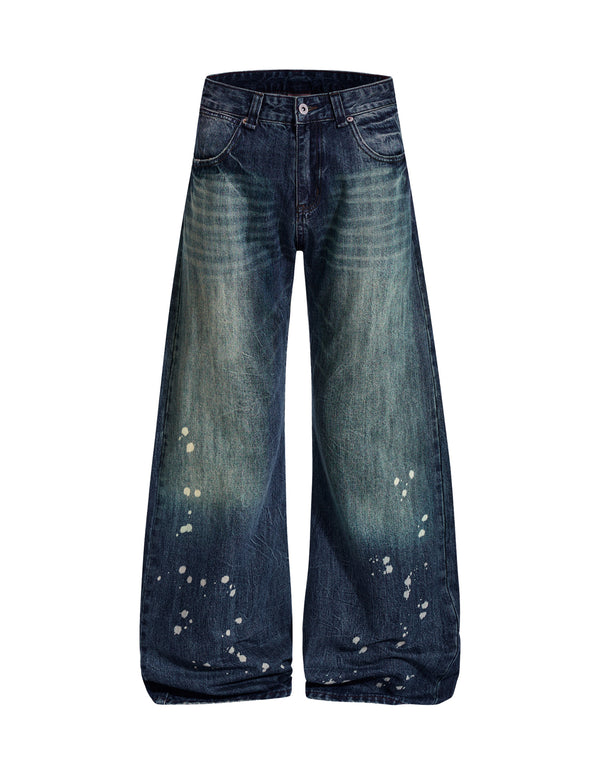 BAKYARDER Vintage Washed Paint-Splatter Distressed Barrel Jeans