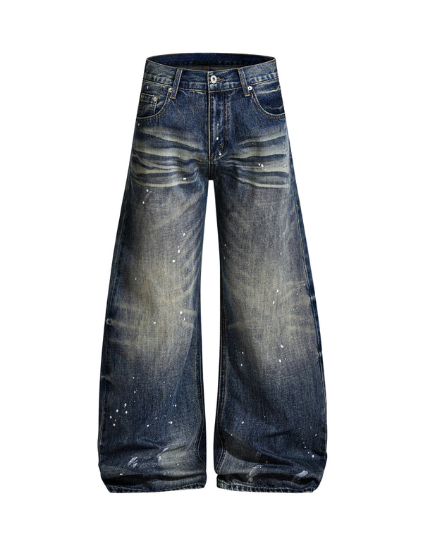 BAKYARDER Vintage Whiskered Paint-Splatter Barrel Jeans