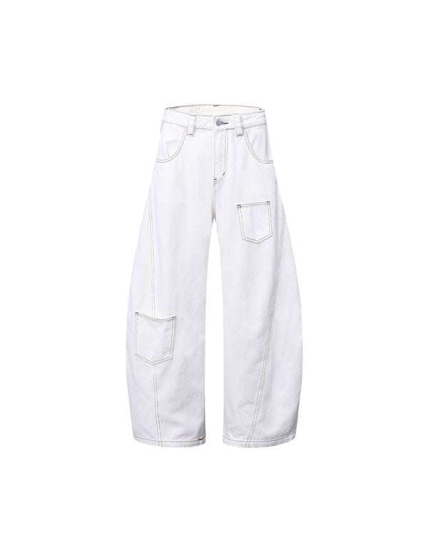 BAKYARDER Vintage White Wide-Leg Barrel Jeans with Pocket Design