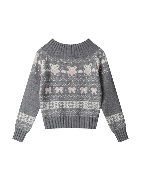 BAKYARDER Women's Vintage Bear Jacquard Off-Shoulder Sweater