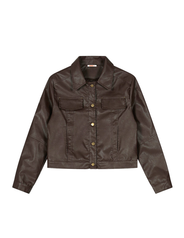 BAKYARDER Women's Vintage Biker Cropped Structured Leather Jacket