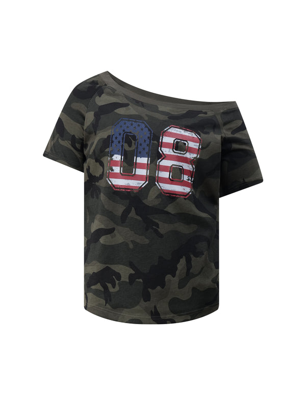 BAKYARDER Women’s Vintage Camouflage Print One-Shoulder Tee