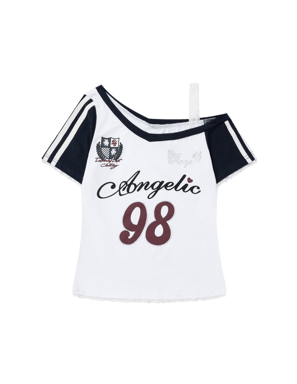 BAKYARDER Women's Vintage Color-Block Patchwork Off-Shoulder Tee